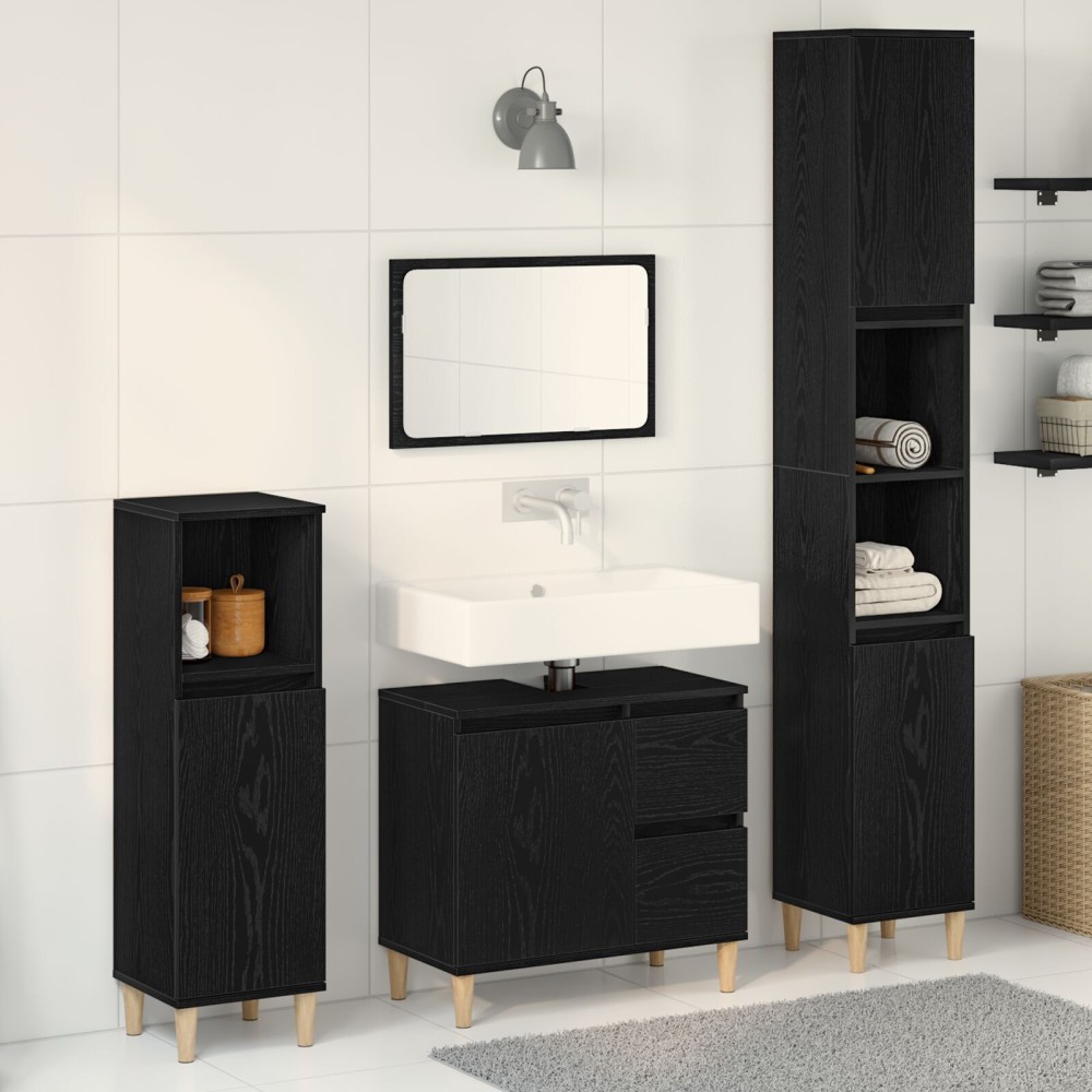 vidaXL Set de mobilier pentru baie cu ușă 3 pcs Negru 30 x 30 x 180 cm