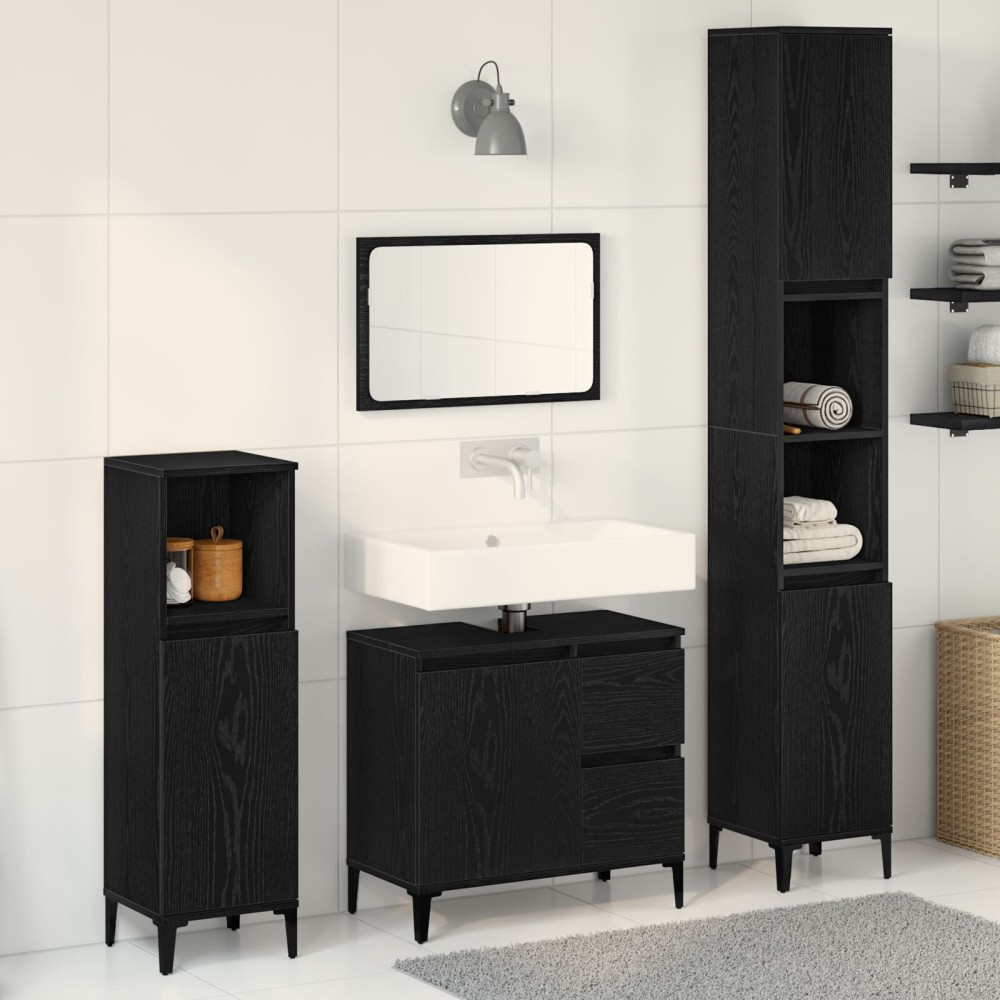 vidaXL Set de mobilier pentru baie cu ușă 3 pcs Negru 30 x 30 x 180 cm