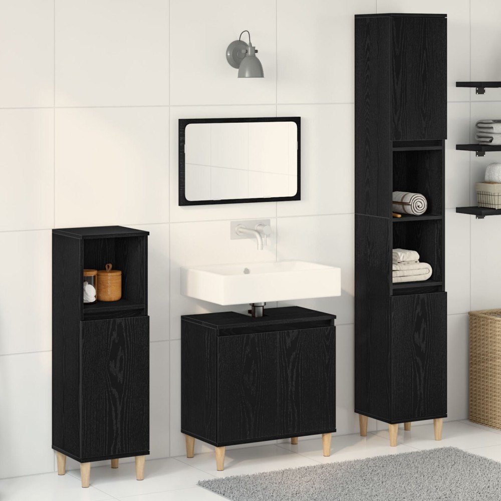 vidaXL Set de mobilier pentru baie cu ușă 3 pcs Negru 30 x 30 x 180 cm