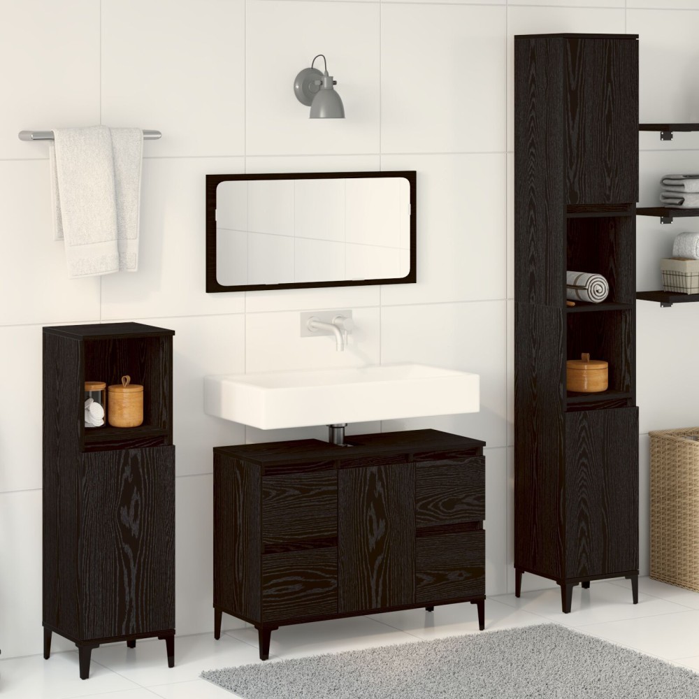 vidaXL Set de mobilier pentru baie cu ușă 3 pcs Negru 30 x 30 x 180 cm