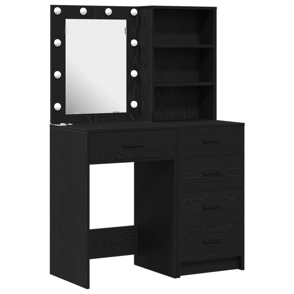 vidaXL Set masă de toaletă cu LED, 2 piese, negru, lemn prelucrat