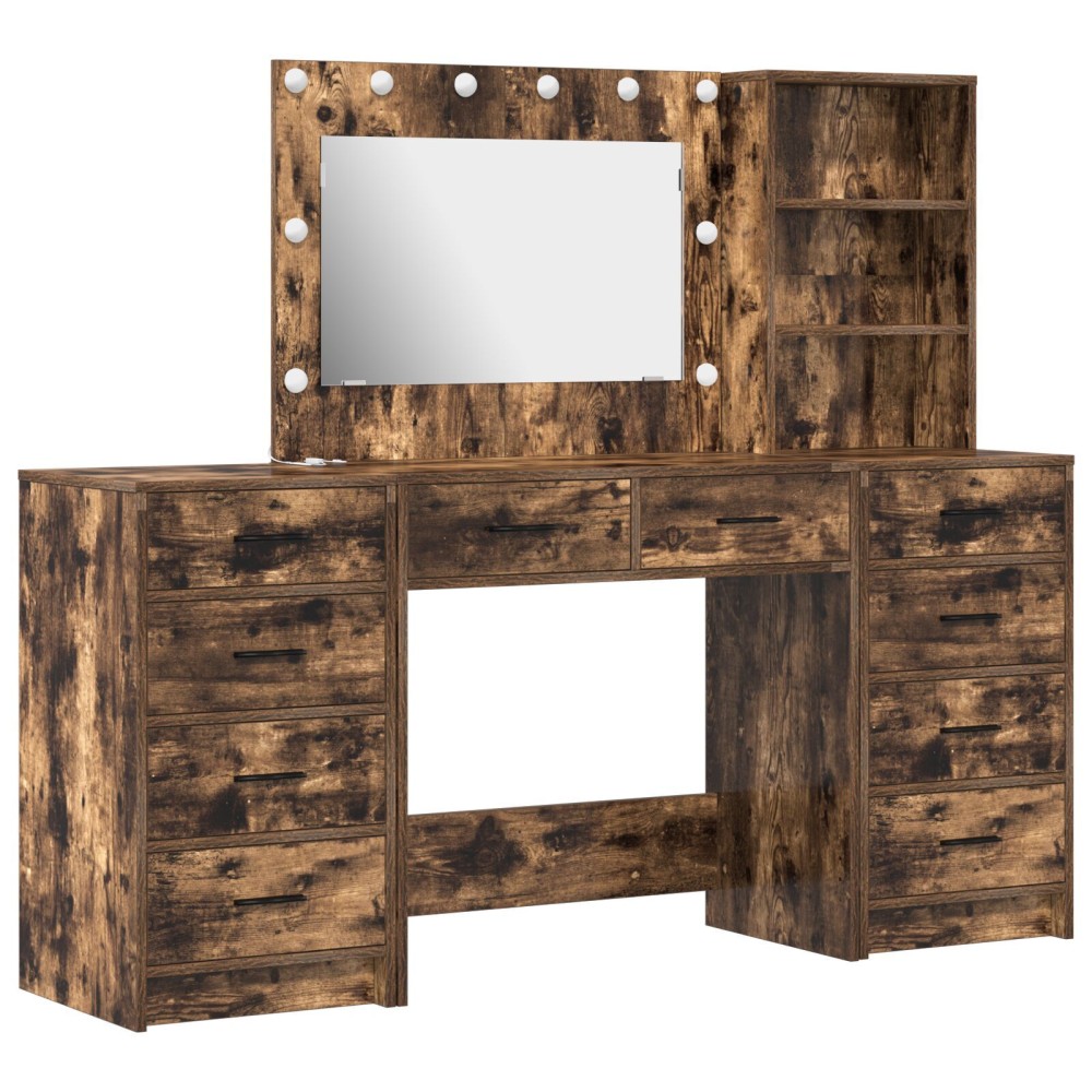 Set de toaletă 3 piese vidaXL cu LED din lemn de stejar afumat