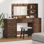 vidaXL Set masă toaletă cu LED, 3 piese, stejar negru, lemn prelucrat