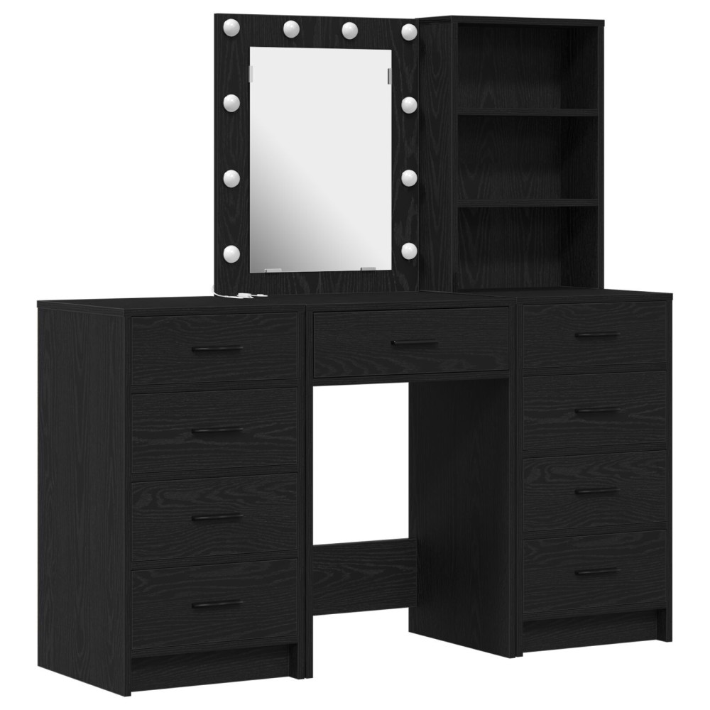 vidaXL Set masă toaletă cu LED, 3 piese, negru, lemn prelucrat