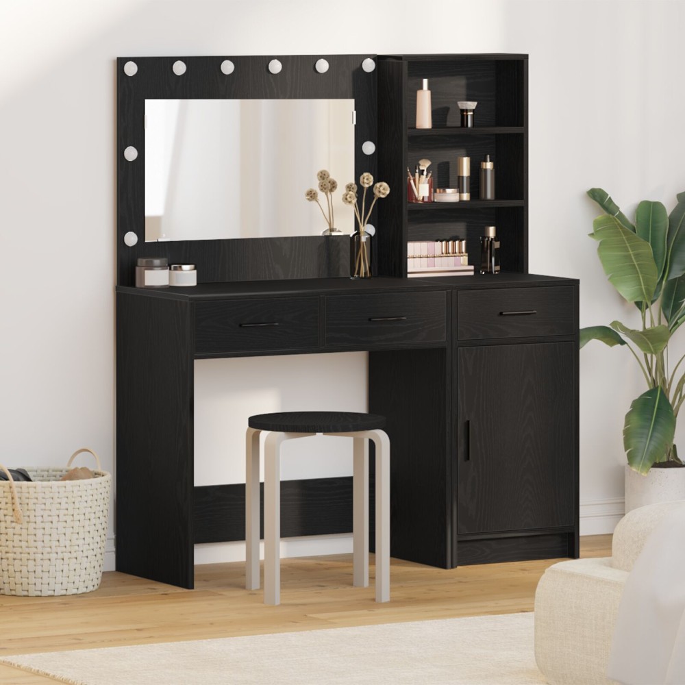 vidaXL Set masă toaletă cu LED, 2 piese, negru, lemn prelucrat