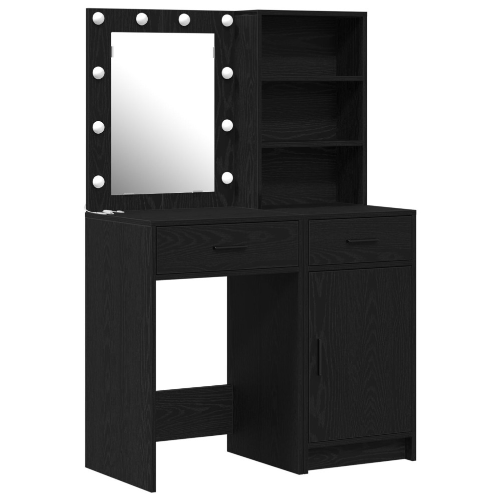 vidaXL Set masă toaletă cu LED, 2 piese, negru, lemn prelucrat