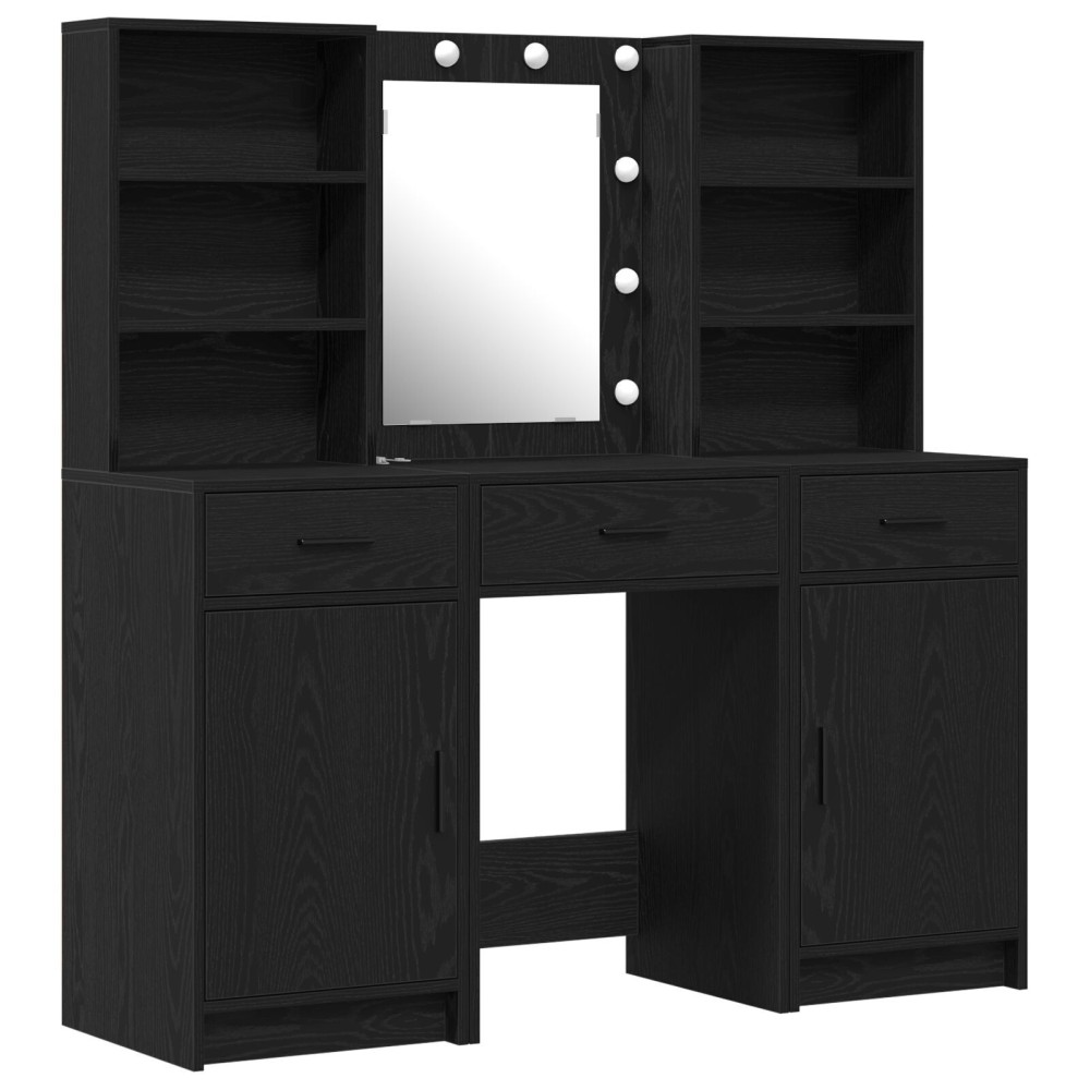 vidaXL Set masă toaletă cu LED, 3 piese, negru, lemn prelucrat