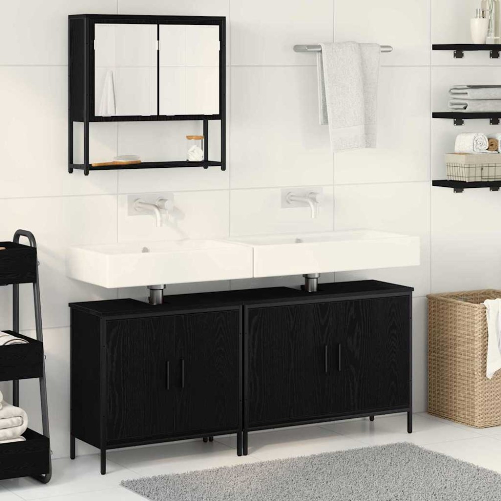 vidaXL Set de mobilier pentru baie cu ușă 3 pcs Negru 80 x 30 x 44 cm