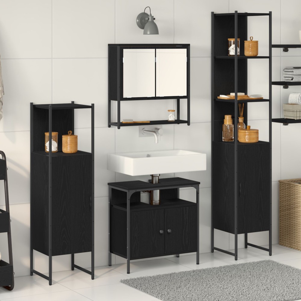 vidaXL Set de mobilier pentru baie cu raft cu ușă 4 pcs Stejar negru