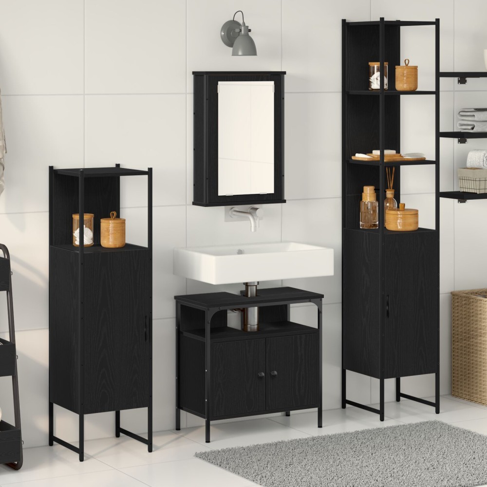 vidaXL Set de mobilier pentru baie cu raft cu ușă 4 pcs Stejar negru