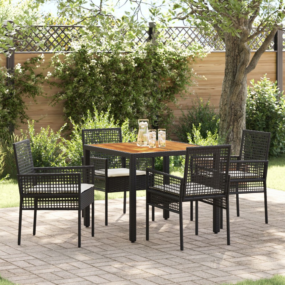 vidaXL Set dining 5 piese pentru grădină cu perne, Negru, Poliratan