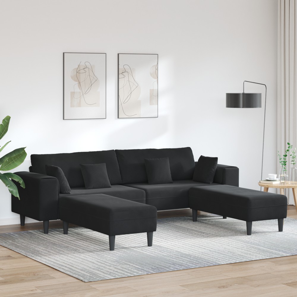 vidaXL Canapea din catifea cu pernă 3 pcs Negru 208 cm Catifea