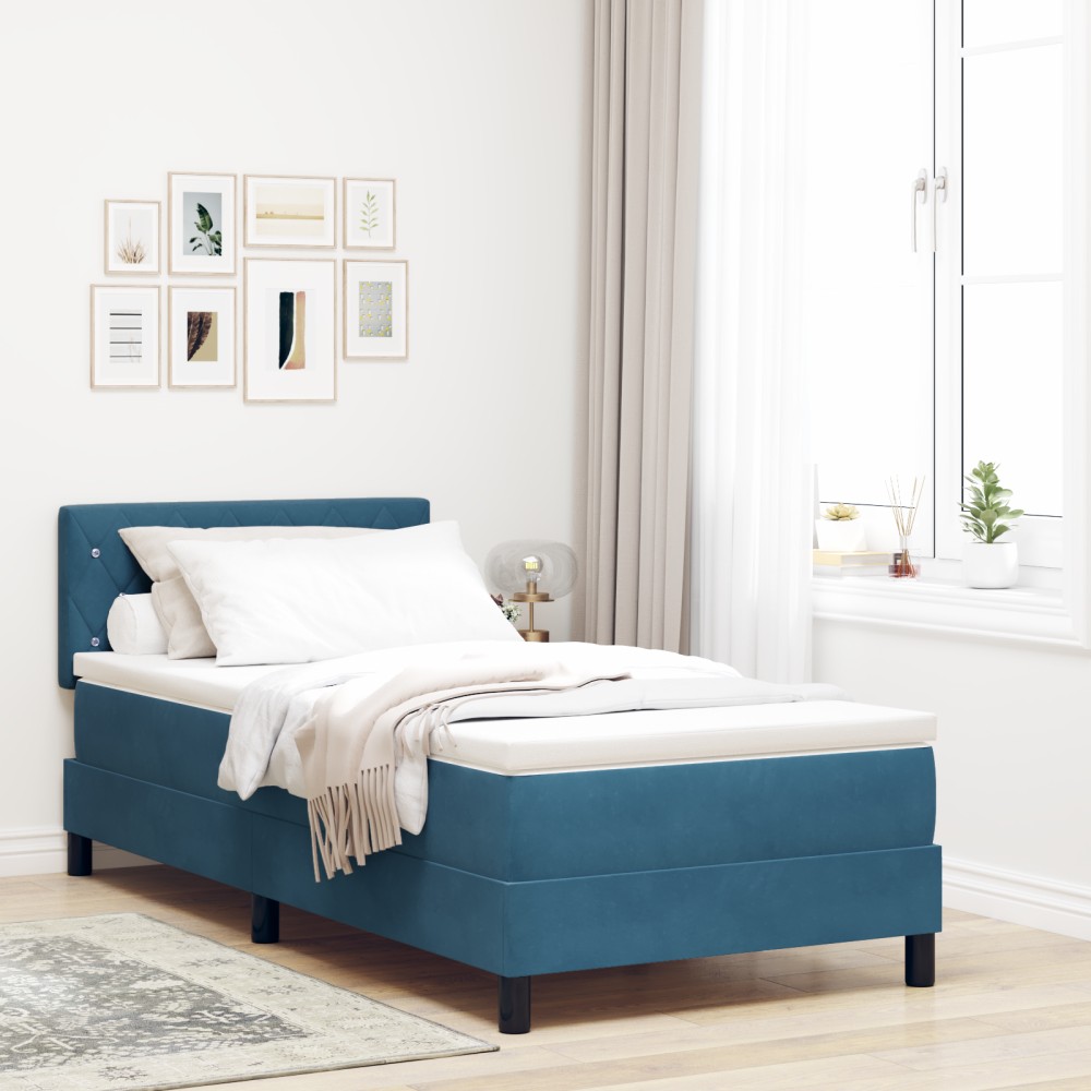 Pat cu arcuri box și saltea vidaXL cu LED Albastru Întunecat 90x190 cm Catifea