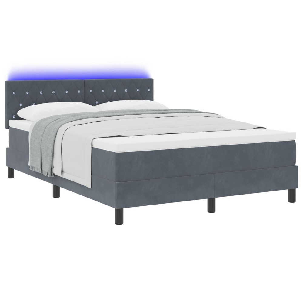 Pat Box Spring vidaXL cu Saltea & LED Gri Întunecat 140x190 cm Catifea