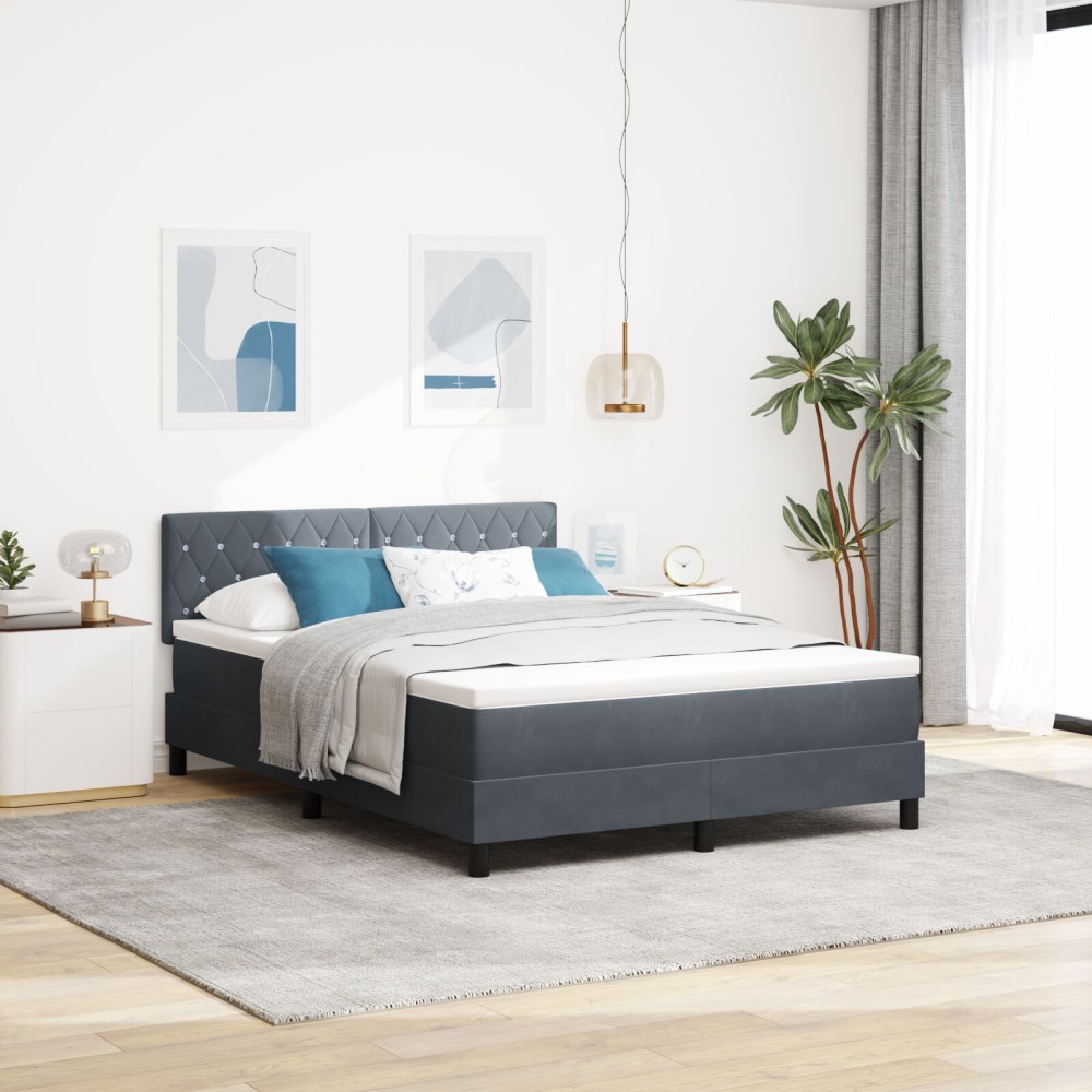 Pat Box Spring vidaXL cu Saltea & LED Gri Întunecat 140x190 cm Catifea