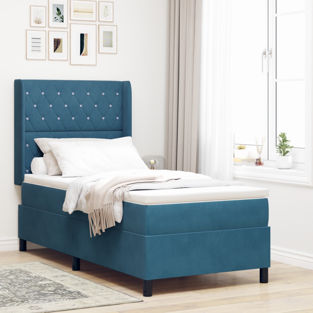 vidaXL Pat cu boxă spring LED și saltea albastru 90 x 200 cm Catifea