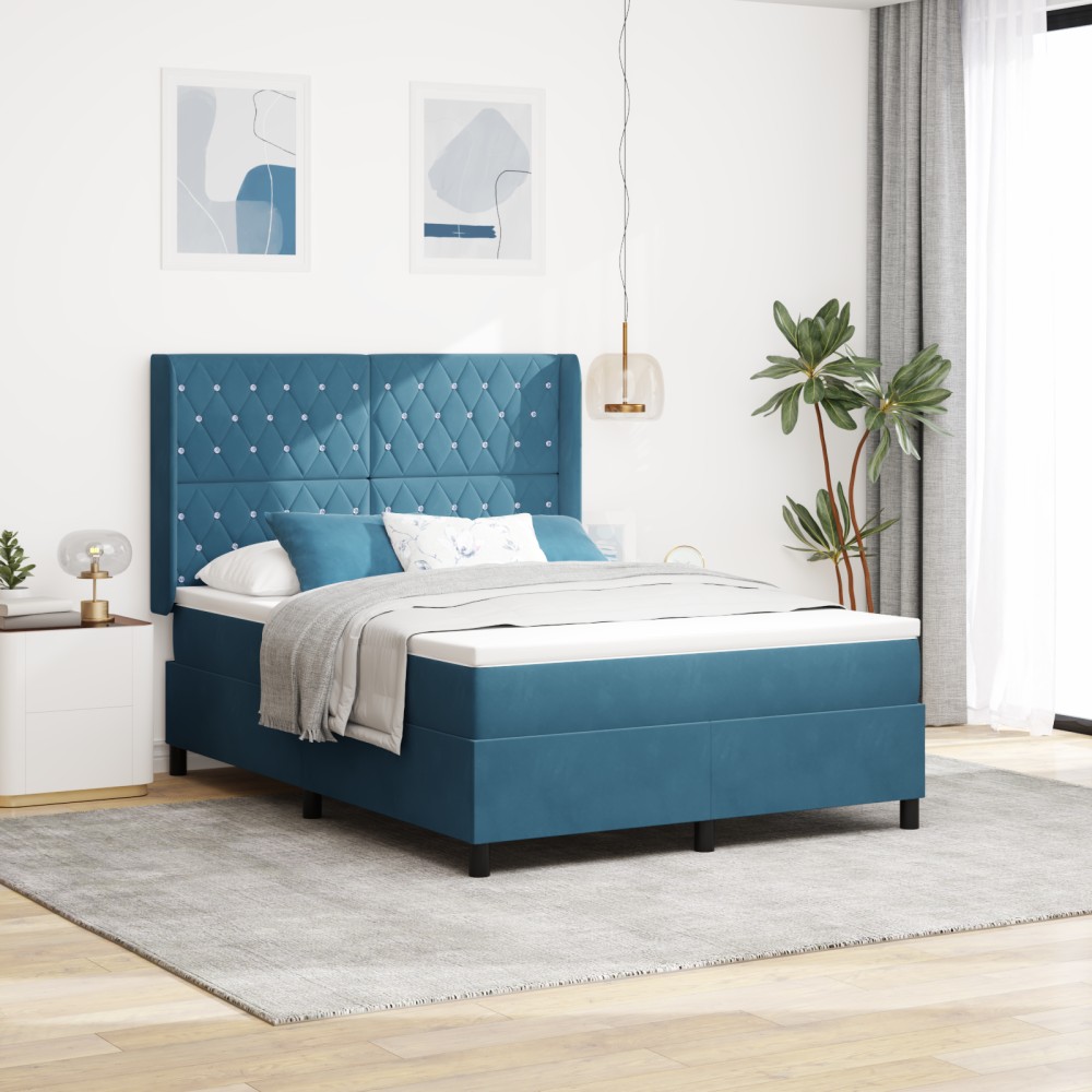 vidaXL Pat cu boxă spring LED și saltea albastru 140 x 200 cm Catifea