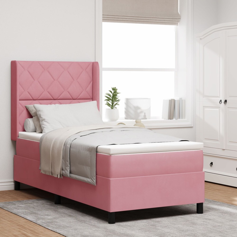 vidaXL Pat cu boxă spring LED și saltea Manual Roz 90 x 190 cm Catifea