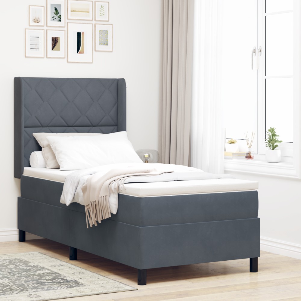 vidaXL Pat cu boxă spring LED și saltea Gri închis 90 x 200 cm Catifea