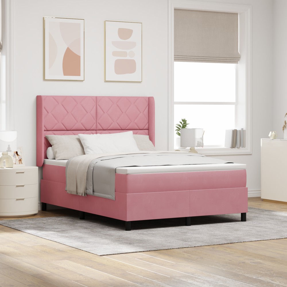 vidaXL Pat cu boxă spring LED și saltea Roz 140 x 190 cm Catifea