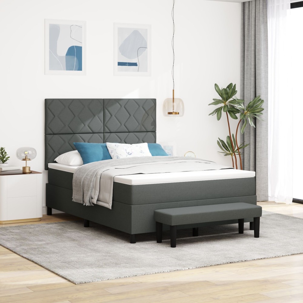 vidaXL Pat cu suport de cutie cu saltea & bancă gri închis 140x200 cm țesătură
