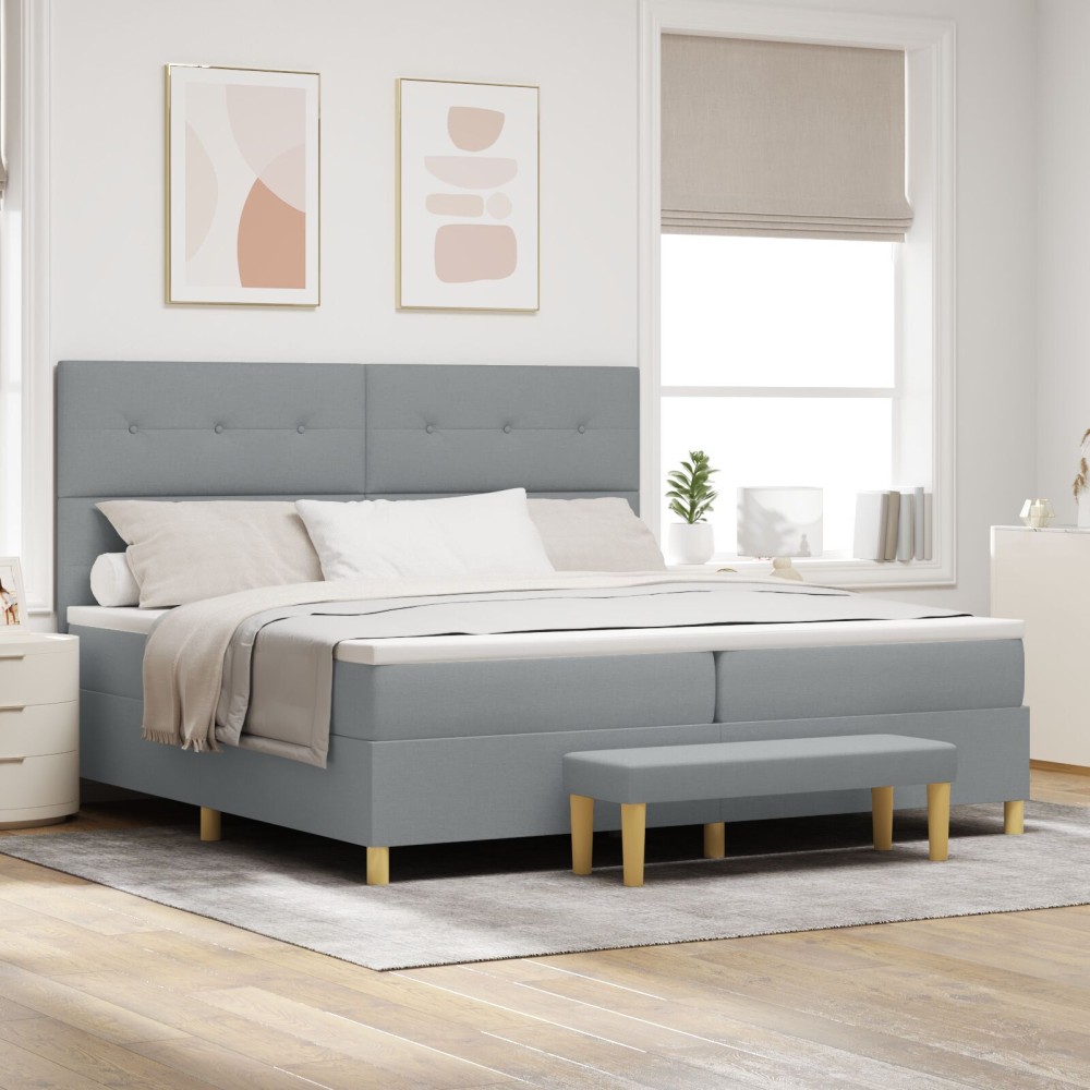 Pat Box Spring vidaXL cu Saltea și Bancă Gri deschis 200x200 cm Fabric