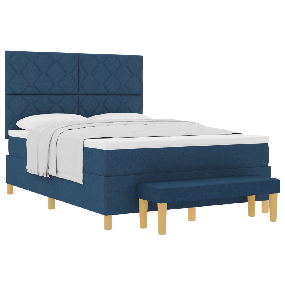 vidaXL Pat cu suport din cutie cu saltea și bancă albastră 140x200 cm țesătură