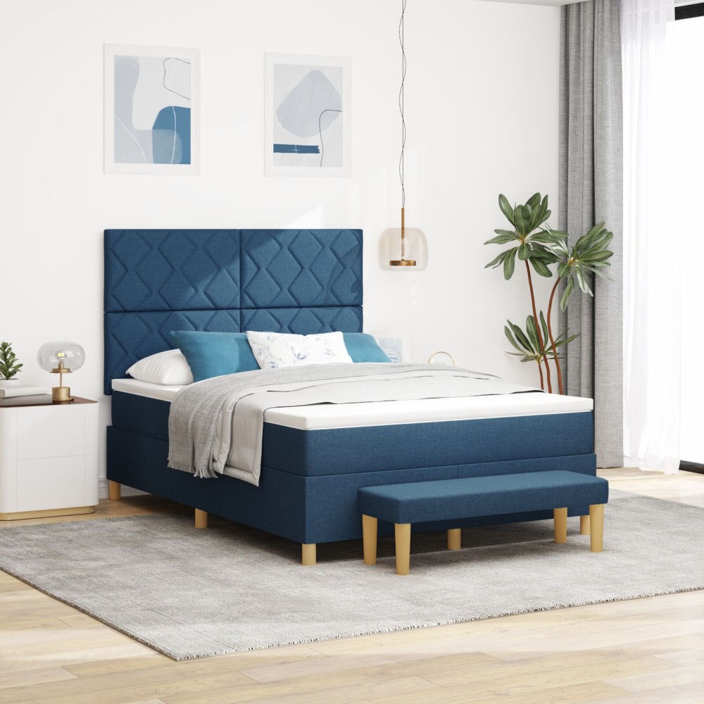 vidaXL Pat cu suport din cutie cu saltea și bancă albastră 140x200 cm țesătură