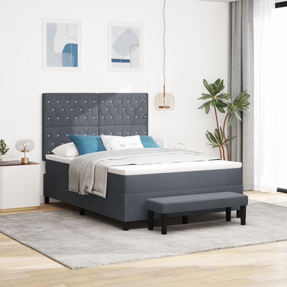 vidaXL Pat cu suport la bază cu saltea & bancă gri închis 140x200 cm catifea