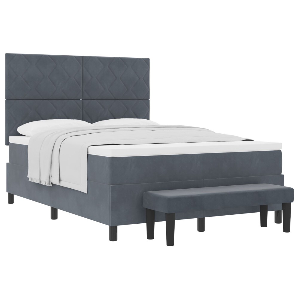 vidaXL Pat cu suport de arcuri cu saltea & bancă gri închis 140x190 cm catifea