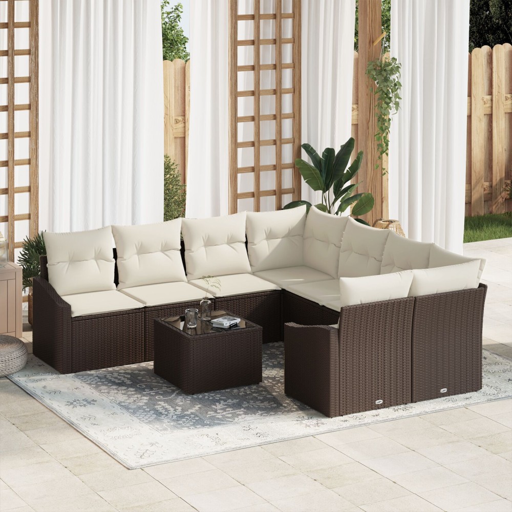vidaXL Set de canapele pentru grădină cu pernă 9 pcs Maro și Crem