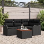 Set canapea de grădină vidaXL cu 5 piese și perne Ratan poli negru Acacia