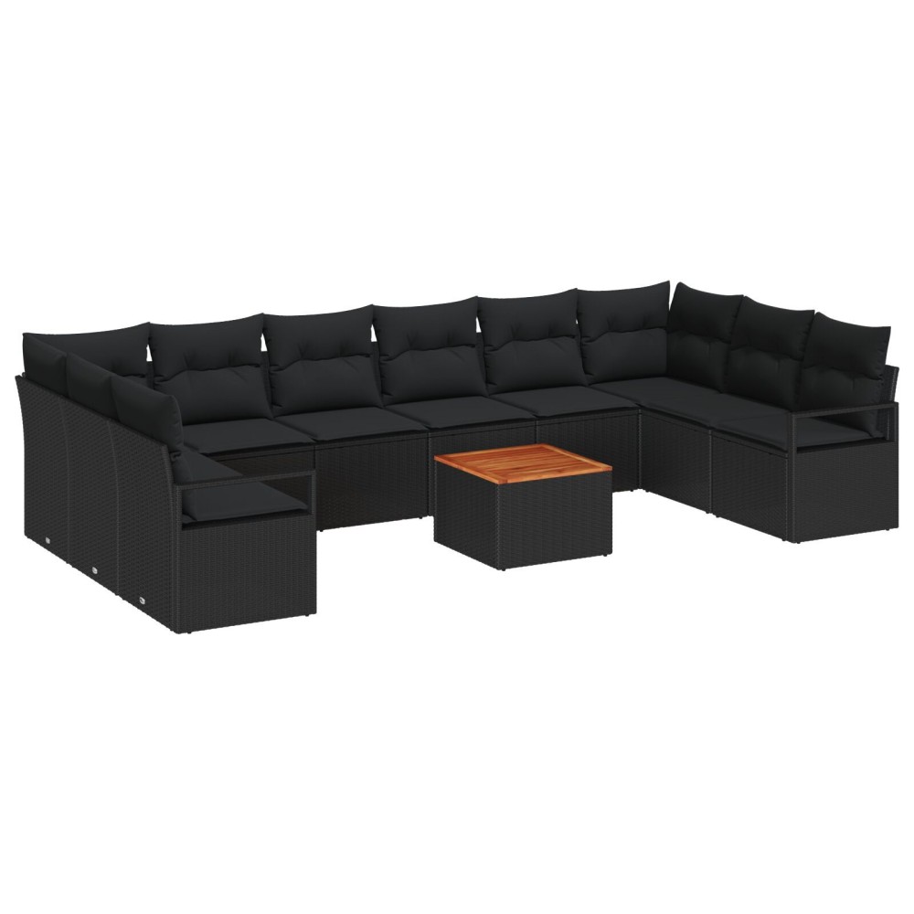 Set de canapea de grădină cu 11 piese cu perne Negru Poliratan Acacia