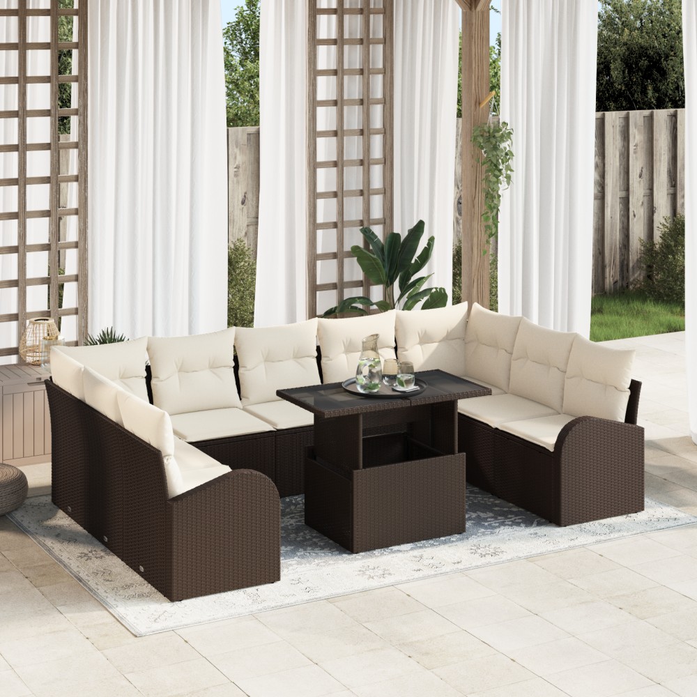 vidaXL Set de canapele pentru grădină cu pernă 10 pcs maro și crem
