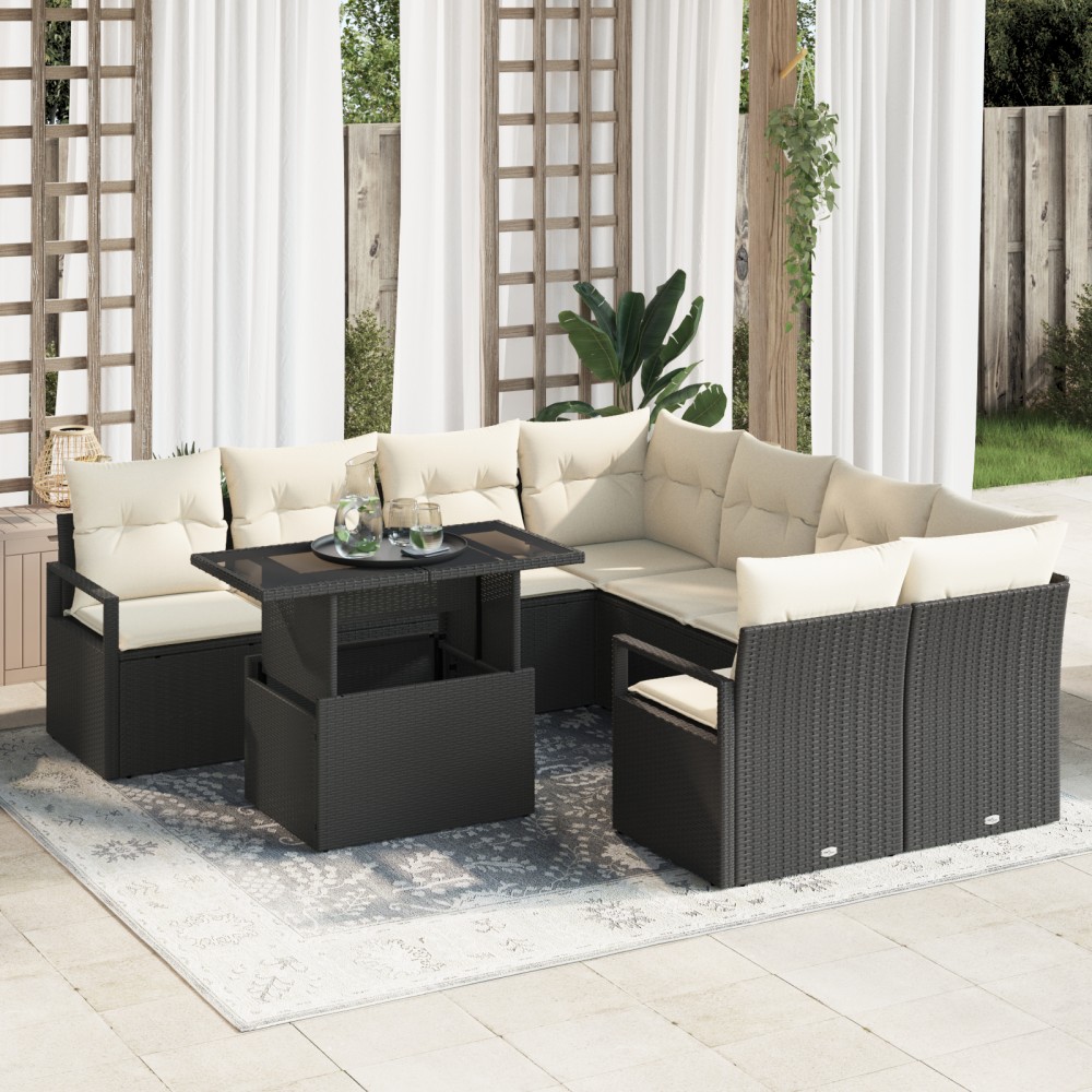 vidaXL Set de canapele pentru grădină cu pernă 9 pcs negru și crem