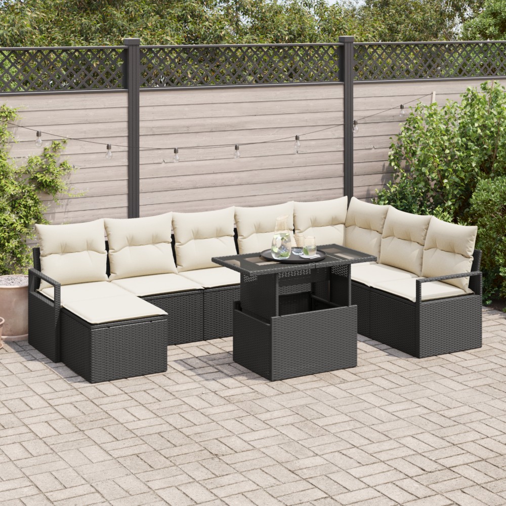vidaXL Set de canapele pentru grădină cu pernă 9 pcs negru și crem