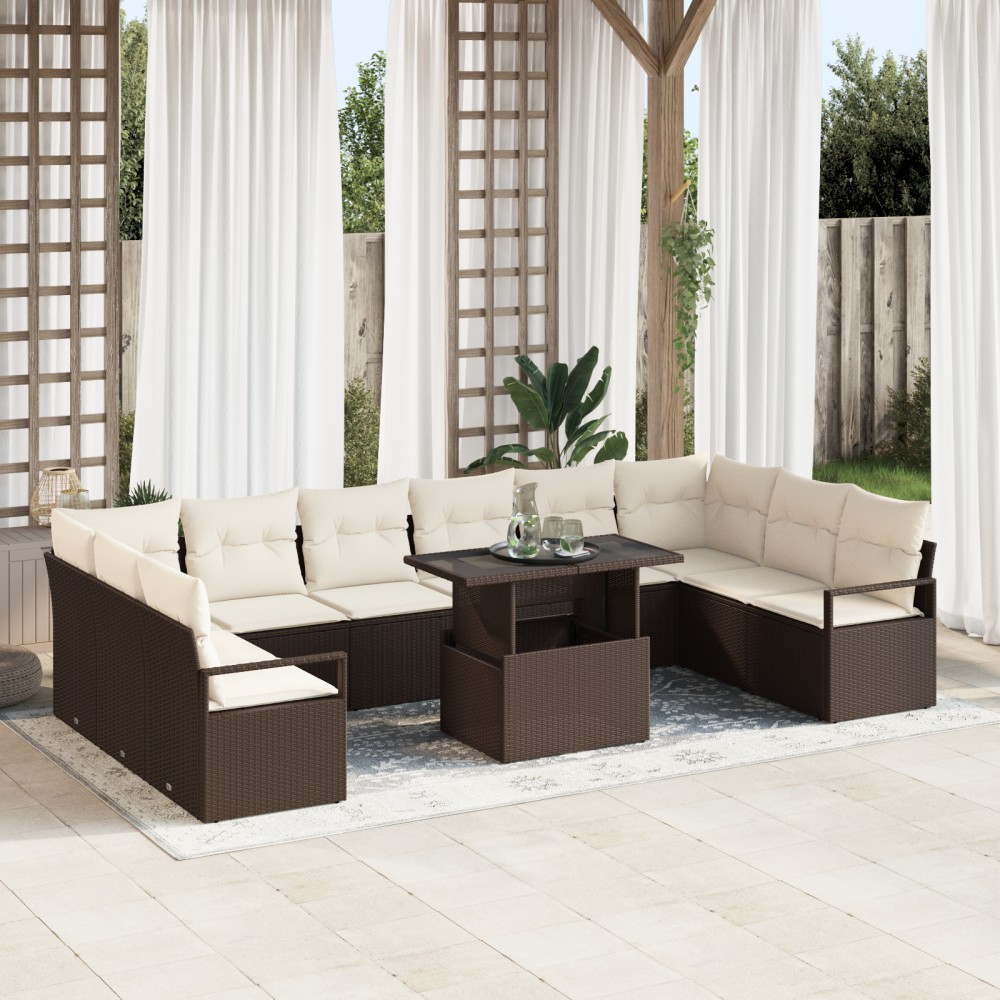 vidaXL Set de canapele pentru grădină cu pernă 11 pcs maro și crem