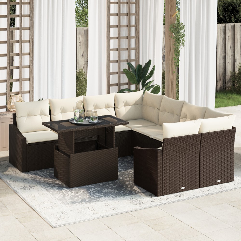 vidaXL Set de canapele pentru grădină cu pernă 9 pcs maro și crem