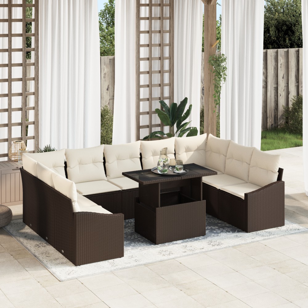 vidaXL Set de canapele pentru grădină cu pernă 10 pcs maro și crem