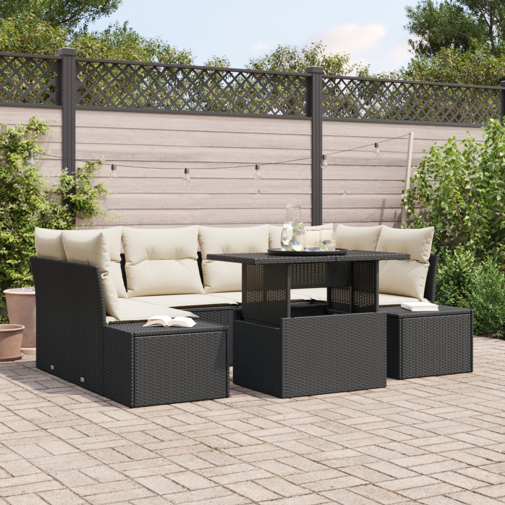 vidaXL Set de canapele pentru grădină cu pernă 7 pcs negru și crem