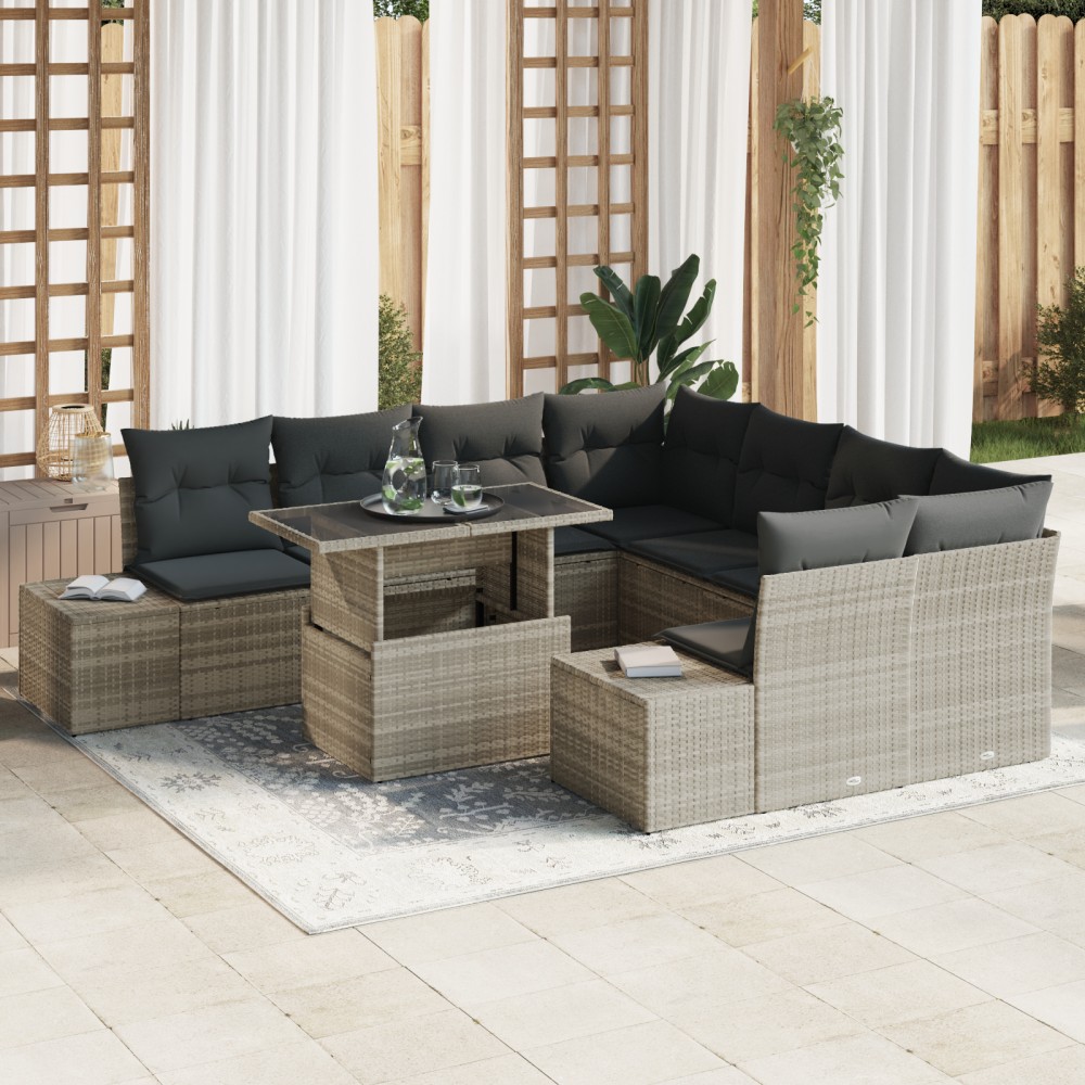 vidaXL Set de canapele pentru grădină cu pernă 9 pcs Gri deschis