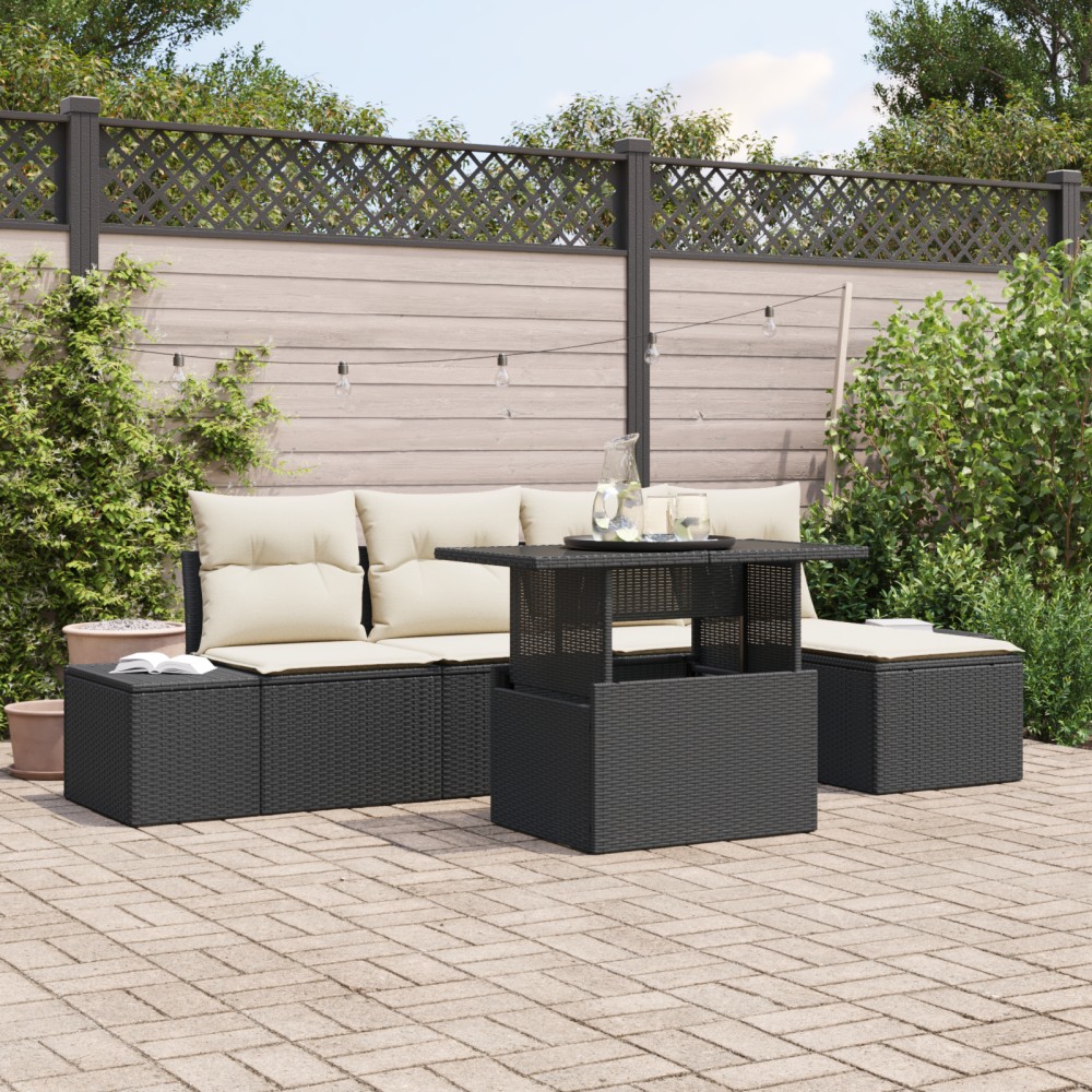 vidaXL Set sofă de grădină cu 6 piese și pernuțe, negru, din rattan și polyester.