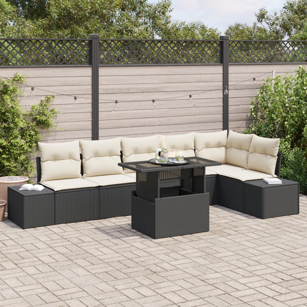 vidaXL Set de canapele pentru grădină cu pernă 7 pcs negru și crem