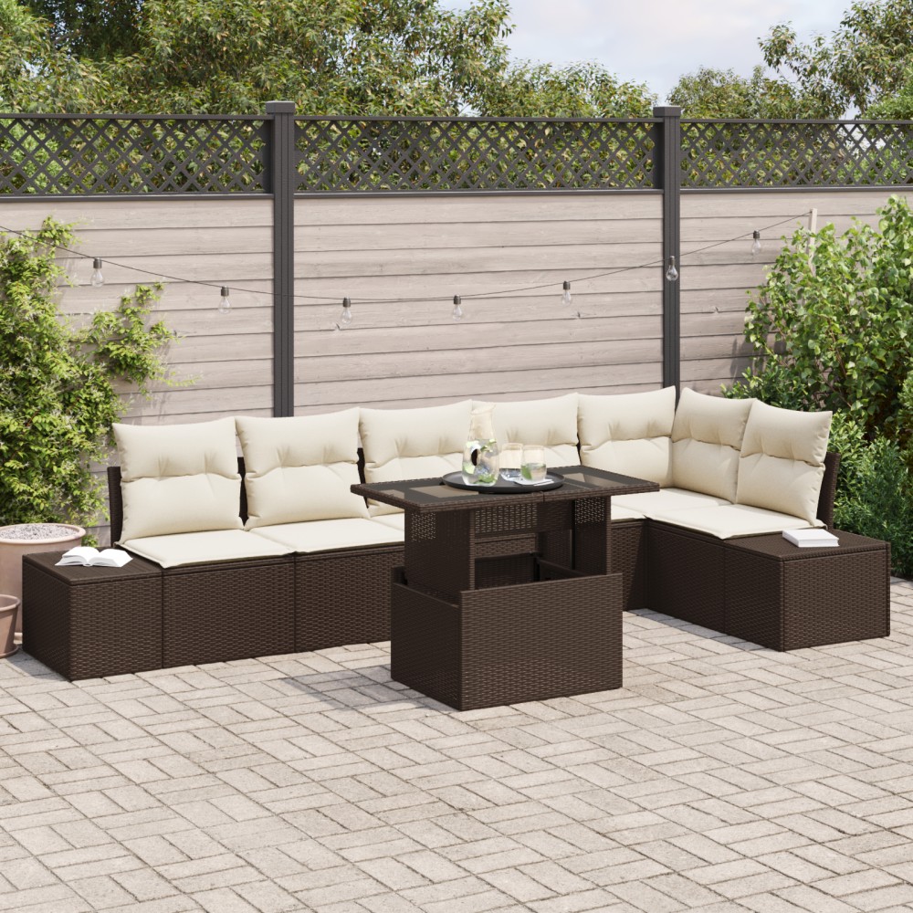 vidaXL Set de canapele pentru grădină cu pernă 7 pcs maro și crem
