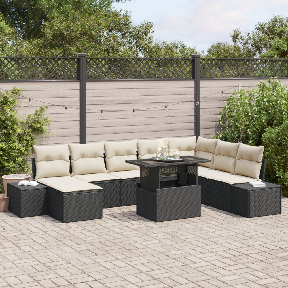 vidaXL Set de canapele pentru grădină cu pernă 9 pcs negru și crem