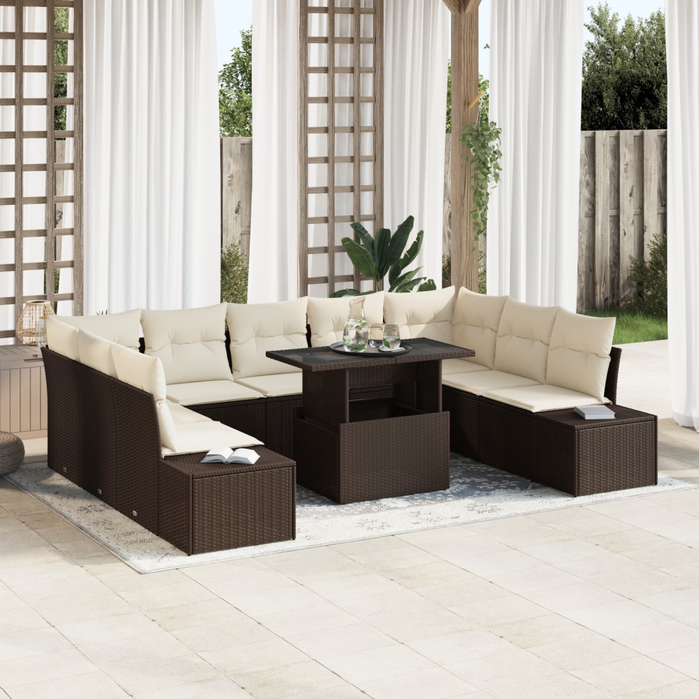 vidaXL Set de canapele pentru grădină cu pernă 10 pcs maro și crem