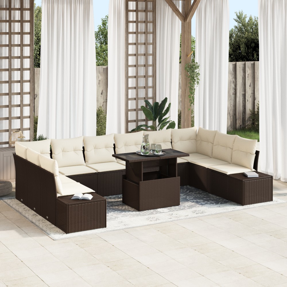 vidaXL Set de canapele pentru grădină cu pernă 11 pcs maro și crem