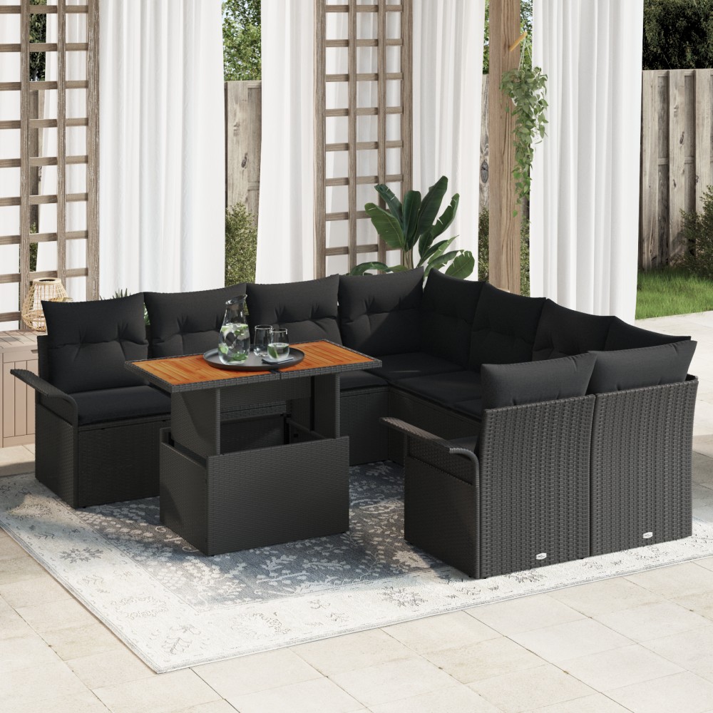 vidaXL Set de canapele pentru grădină cu pernă 9 pcs Negru