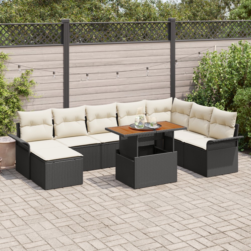 vidaXL Set de canapele pentru grădină cu pernă 9 pcs negru și crem