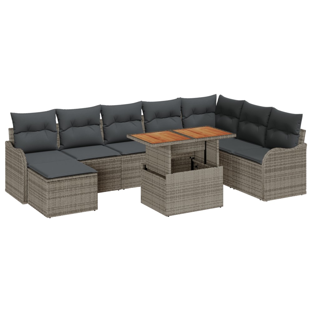 Set 9 piese canapea grădină cu perne gri Ratan Poli Acacia